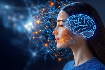 A futuristic portrait of a woman with glowing brain imagery symbolizing the brilliance of thought the power of creativity and the limitless potential of intellectual innovation