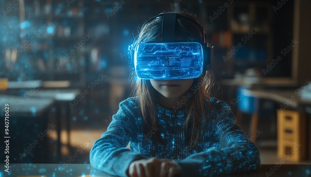 Poster student in a classroom with a vr headset, exploring ai artificial intelligence and machine learning,