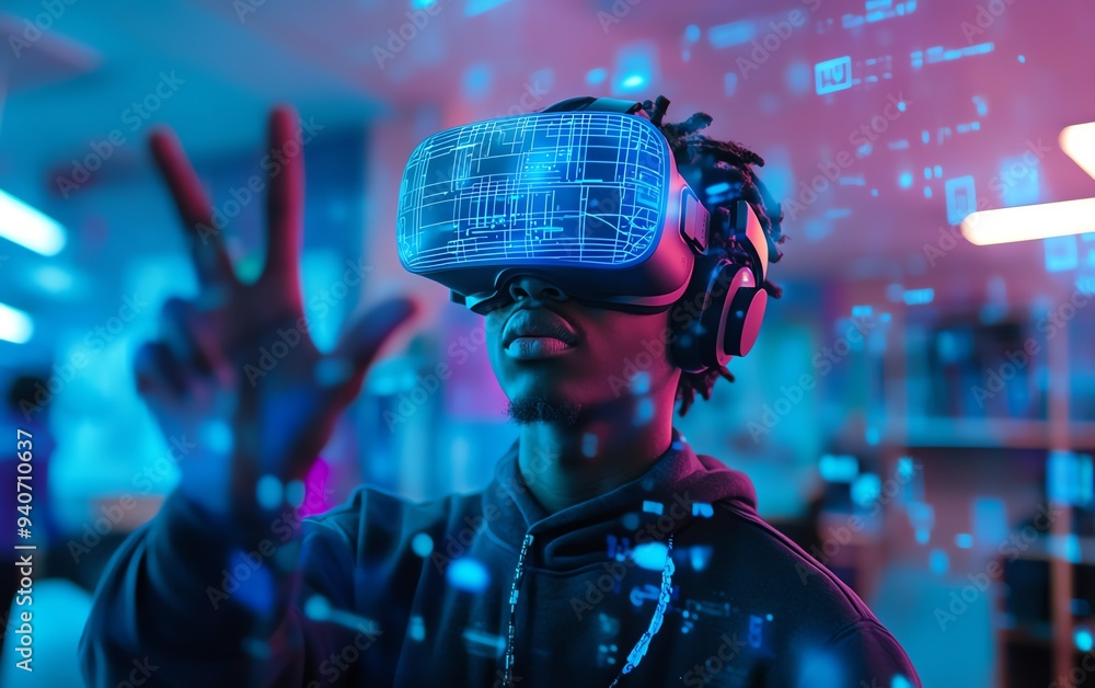 Leinwandbilder student with vr headset in a classroom, utilizing ai artificial intelligence technology and machine 