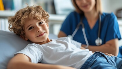 Obraz premium Unrecognizable pediatrician performing a stomach palpation on a child lying on a cot in a medical clinic, captured in closeup during a physical examination