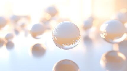 Glowing Light Orbs: Bright, glowing orbs of light floating in mid-air, casting soft reflections on a white background.
