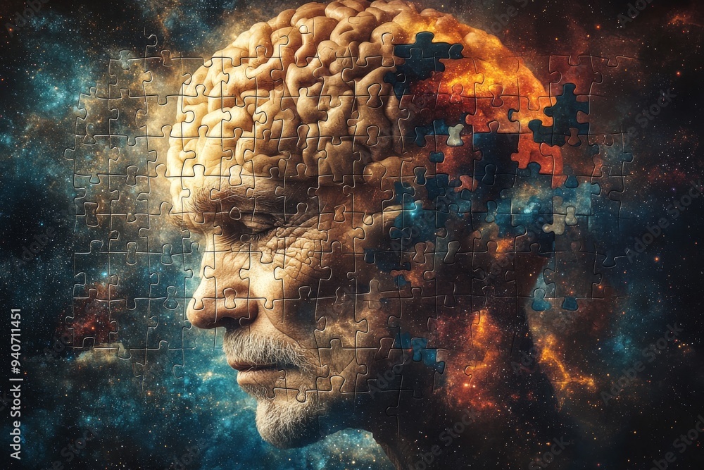 Poster a surreal portrait of an elderly man with a brain dissolving into stars symbolizing the fading of me