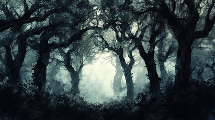 eerie and mysterious foggy forest path - dark trees, intriguing landscape photography.
