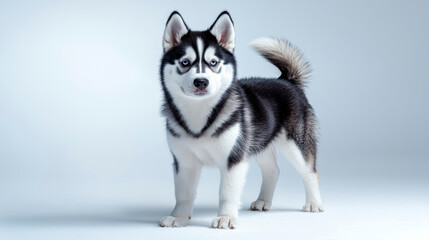 Fototapeta premium A complete view of a Siberian husky dog, standing in the snow with its thick fur and blue eyes, isolated on a white background.
