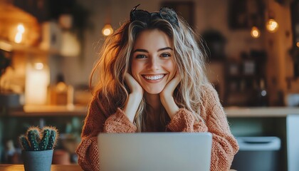 Young woman working remotely on a video team meeting, showing a happy and positive approach to remote work and flexible culture in a comfortable home setting