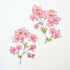 Delicate embroidered pink floral design on white background, suitable for textile projects, crafts, and greeting card illustrations, Perfect for spring-themed decorations and DIY lovers,