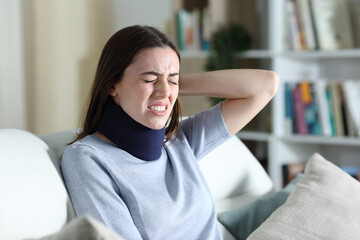 Convalescent woman suffering neck ache at home