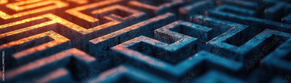 Poster intricate 3d maze design with vibrant lighting, showcasing depth and complexity in a creative compos