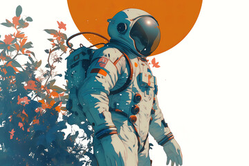 Astronaut character illustration. Background with a red sun.