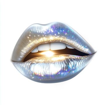 A pair of glossy, metallic silver lips with glittering effects, perfect for advertising beauty products, fashion campaigns, or futuristic artistic designs,
