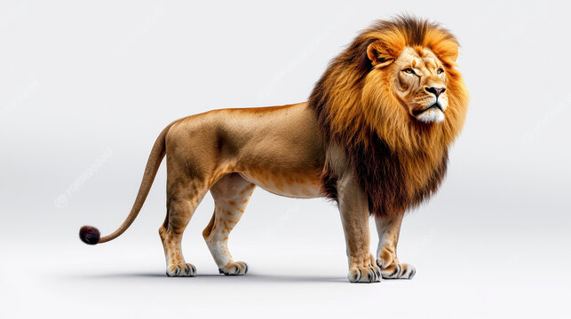 A full-body photo of a majestic lion standing proudly on a grassy plain, isolated on a white background, showcasing its powerful build and flowing mane.