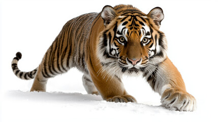 Obraz premium A full view of a Siberian tiger prowling through the snow, isolated on a white background, showcasing its powerful build and striking stripes.