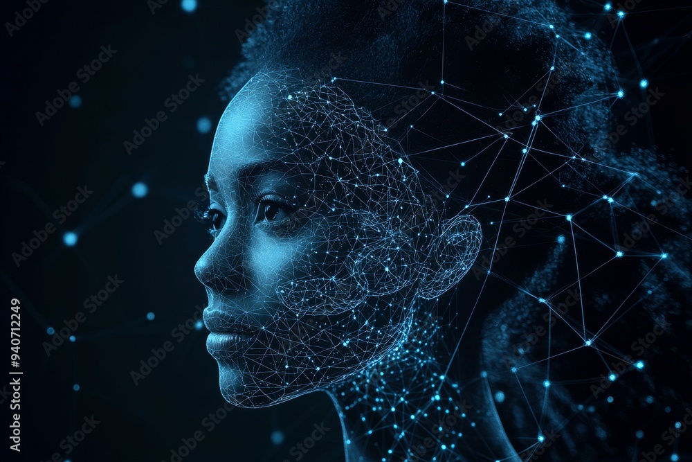 Poster a digital artwork featuring a womans profile composed of a network of glowing lines and nodes symbol
