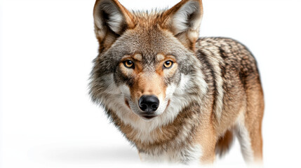 Fototapeta premium A complete image of a gray wolf standing alert with its head turned, isolated on a white background, showcasing its thick fur and keen eyes.