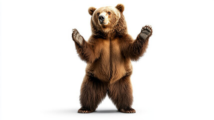 Fototapeta premium A full-body shot of a brown bear, standing on its hind legs, isolated on a white background, emphasizing its massive size and thick fur.