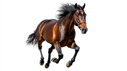 A full view of a wild horse, galloping across an open field, isolated on a white background, with its mane flowing and muscles flexing.