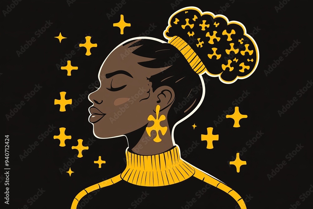 Poster a minimalistic illustration of a woman in profile with glowing stars and lines symbolizing dreams as