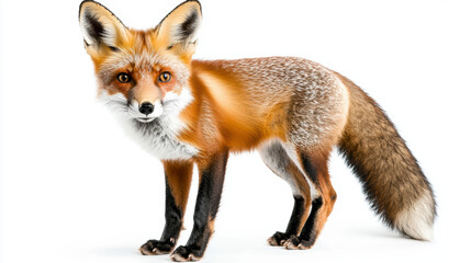 Fototapeta premium A full-body photo of a red fox, standing alert in a snowy landscape, isolated on a white background, with its bushy tail and sharp ears fully visible.