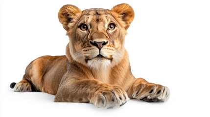 A full-body image of a majestic lioness, lying down and watching her surroundings, isolated on a white background, with her sleek body and powerful paws clearly visible.