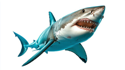 Obraz premium A complete shot of a great white shark, swimming just below the surface of the water, isolated on a white background, showcasing its sleek body and powerful jaws.