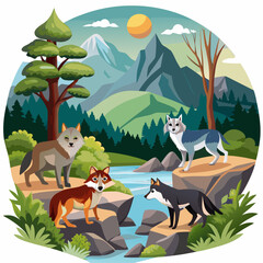 Four Wolves in a Mountainous Forest Landscape