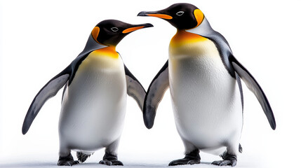 Fototapeta premium A wide shot of a pair of penguins, standing together on an icy surface, isolated on a white background, capturing their social behavior and sleek, black-and-white bodies.