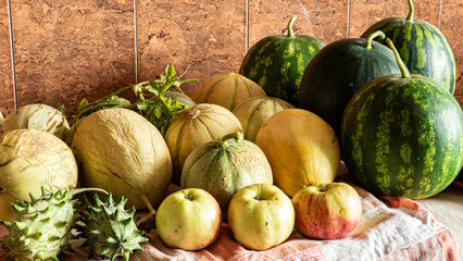 Still life with various autumn vegetables, melons and watermelon, autumn