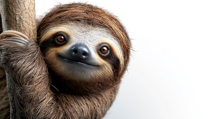 A full view of a sloth hanging from a tree branch, isolated on a white background, emphasizing its slow movement and relaxed expression.