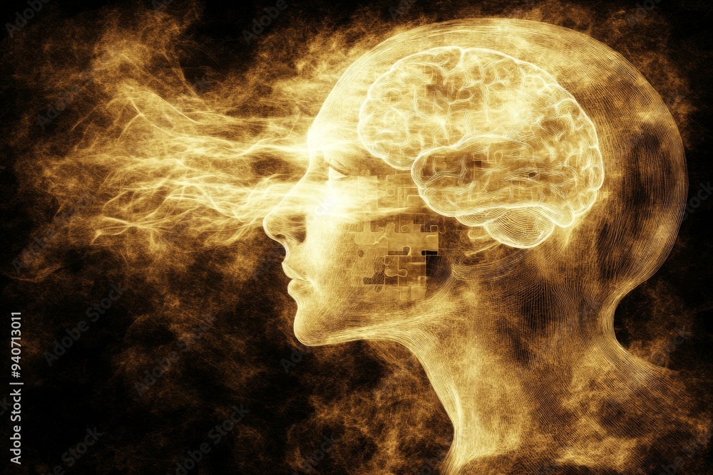 Aufkleber a conceptual art piece featuring a womans profile with a glowing golden brain symbolizing wisdom enl