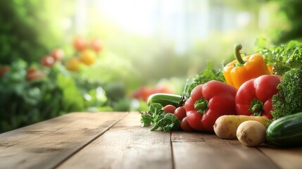 fresh organic vegetables on wooden table in sunny garden - healthy eating concept.