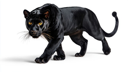 Obraz premium A wide shot of a black panther, prowling through the jungle, isolated on a white background, showcasing its sleek, muscular body and intense gaze.