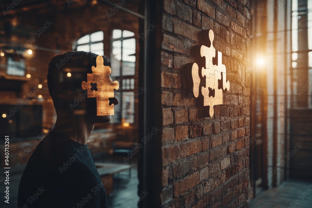 Poster a striking image of a man standing in an urban setting with puzzle pieces reflecting light symbolizi