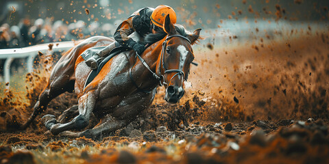 Fall of a horse at a race with a jockey, pieces of dirt on a track with grass. Hippodrome, equestrian sport.