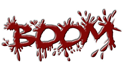 Design the word BOOM in blood red on a white background. Suitable for stickers, logos, icons