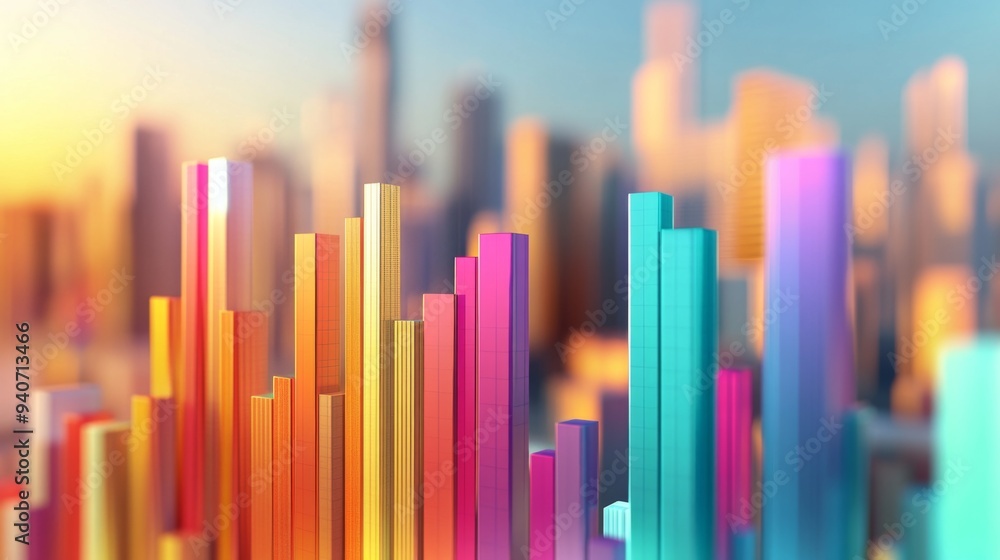 Poster a 3d area chart with layered colors showing financial trends, with the chart set against a blurred c