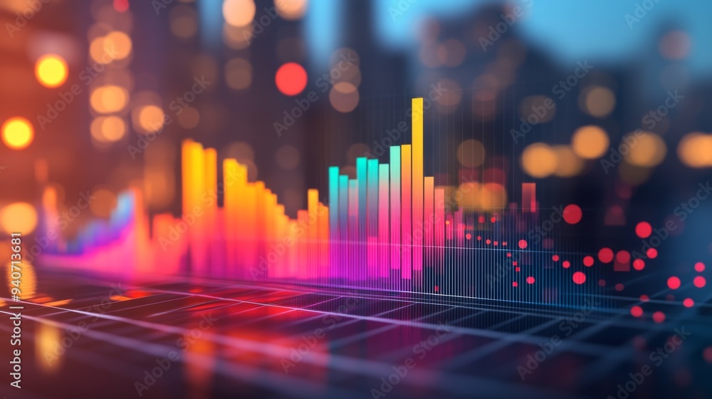 Poster a 3d area chart with layered colors showing financial trends, with the chart set against a blurred c
