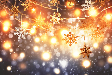 Christmas bokeh blurred background of garlands, snowflakes, winter festive abstract design.