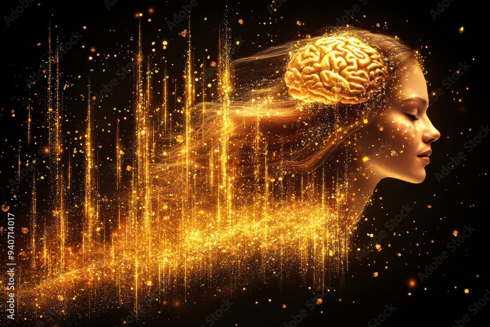 Poster a visually striking image of a womans head with golden brain like elements symbolizing intelligence 