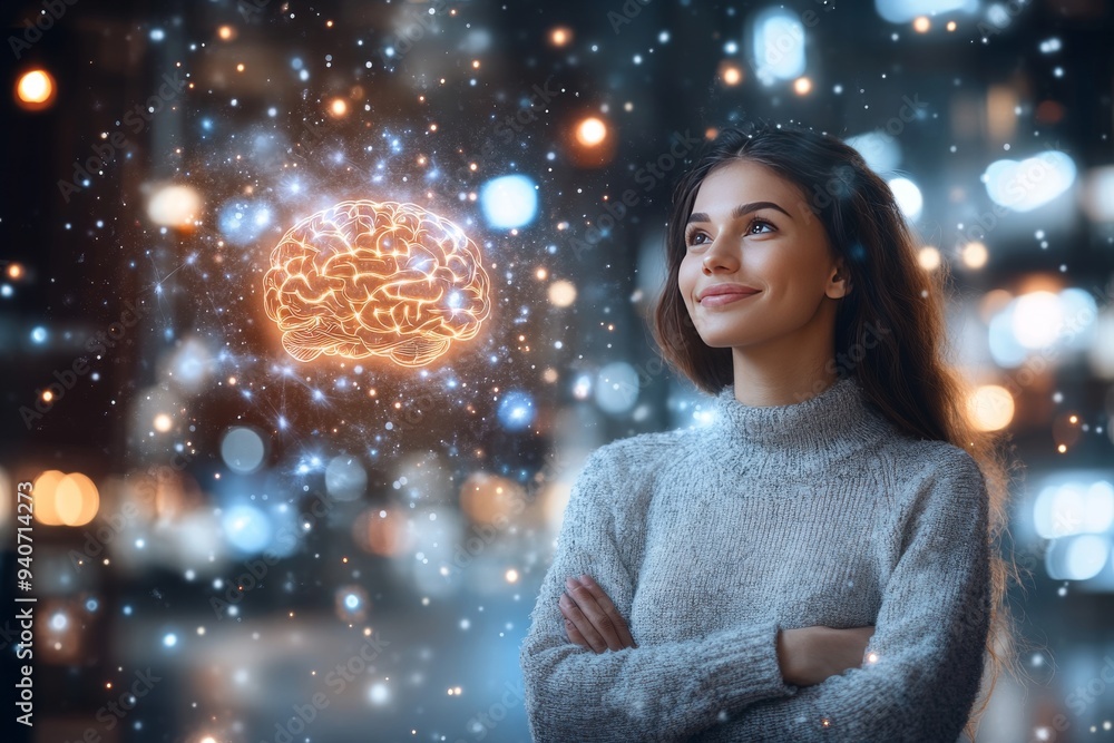 Poster a futuristic digital portrait of a woman with a glowing brain and particle effects symbolizing techn