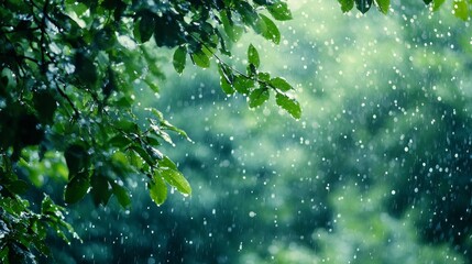 lush green leaves and raindrops falling through the forest canopy on a rainy day