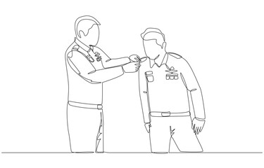 Continuous one line drawing of commander decorating rank for new soldier under his command, military decorations concept, single line art.