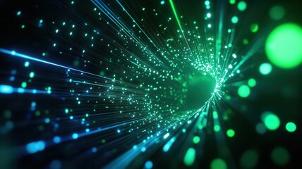 Obraz premium Abstract green and blue digital light streaks flowing in a tunnel, creating a futuristic and dynamic effect for tech-inspired backgrounds.