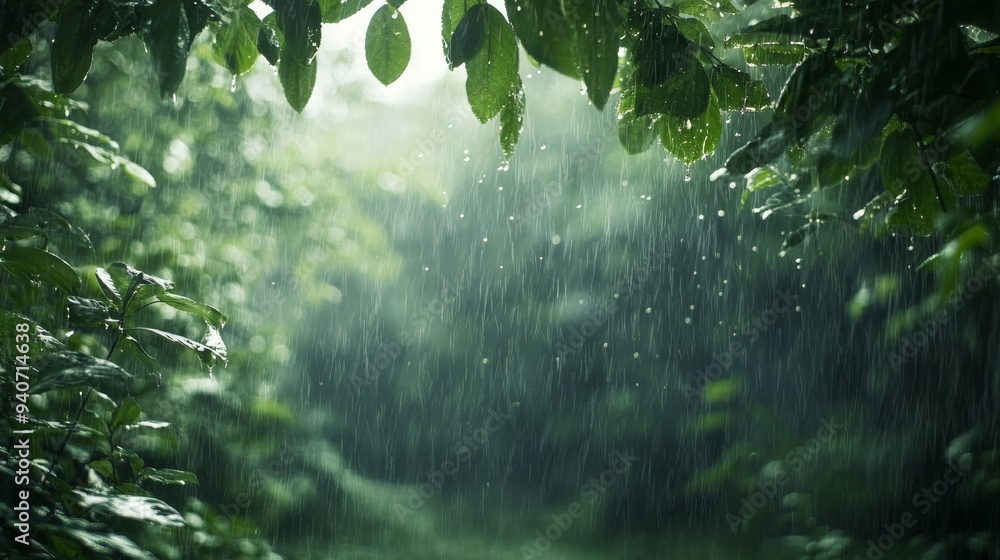 Poster lush green foliage with rain falling through branches in a tropical forest - nature background for w