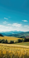 Obraz premium Pastoral landscape, mountains, grass, summer, cloudless, breeze, turquoise, surreal photography