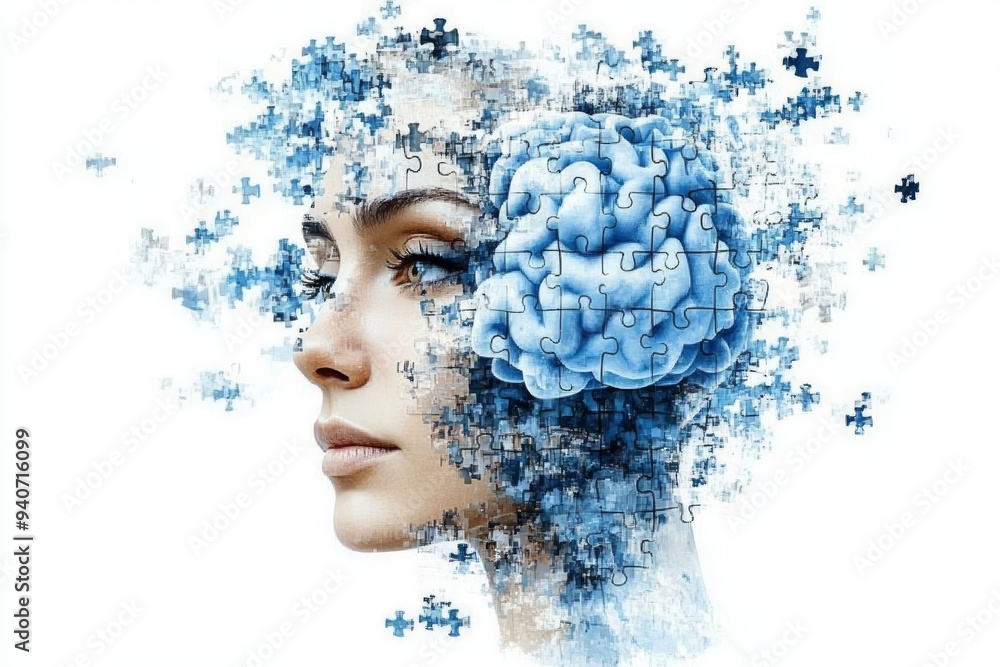 Poster a surreal image of a womans profile dissolving into puzzle pieces symbolizing the deconstruction of 