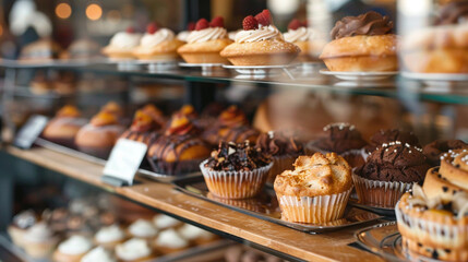 A close-up of a cafÃ©âs pastry case filled with various baked goods like muffins and tarts