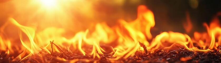 Vivid image of bright, intense flames and fire in focus with a blurred background, showcasing the beauty and danger of fire in nature.