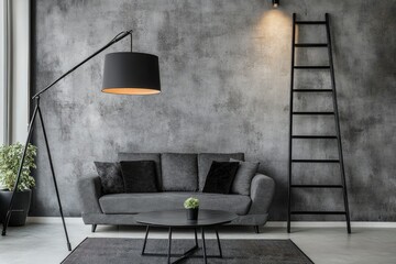 Loft style of modern apartment with grey design sofa, black coffee table, black ladder, pedant lamp, carpet, wooden decoration and elegant accessories . Concrete grunge wall. Template , ai
