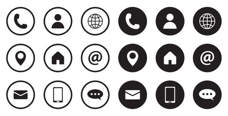 Contact us vector icon set. Website icon set phone location email website message home chat contact. Minimal icons.