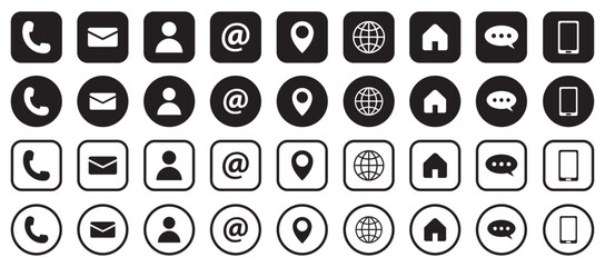 Collection of connect icon set. Contact us icon set phone email location chay website. Social media contact vector outlined icon set.